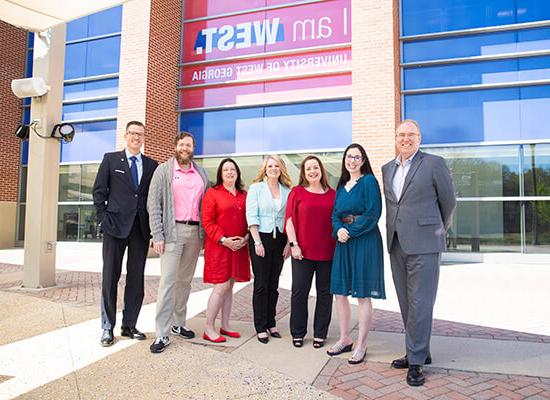 L to R: Dr. Jon Preston, provost and senior vice president; Amy Ellison, assistant director of Academic Transition Programs and Senior Lecturer of First-Year Writing Program; Bonnie Jett, director of Academic Transition Programs and First-Year Writing Program; Dr. Karen Owen, dean of University College; Mandi Campbell, director of the Institute for Faculty Excellence; Dr. Ryan Bronkema, assistant dean of University College; Dr. Brendan Kelly, president